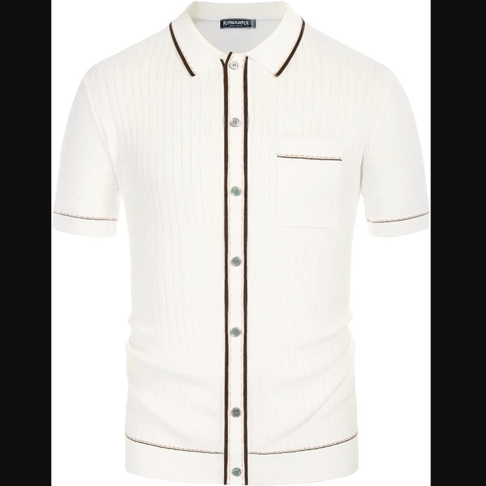 Men's Short Sleeve Full Placket RIVIERA Knit Polo Shirt Piped MOD 60s White